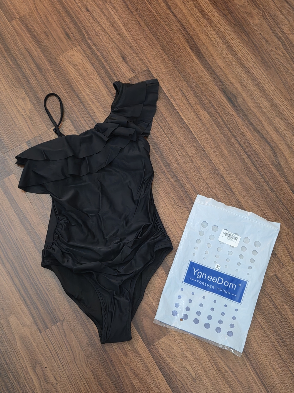 Black One-Shoulder Ruffle One-Piece Swimsuit